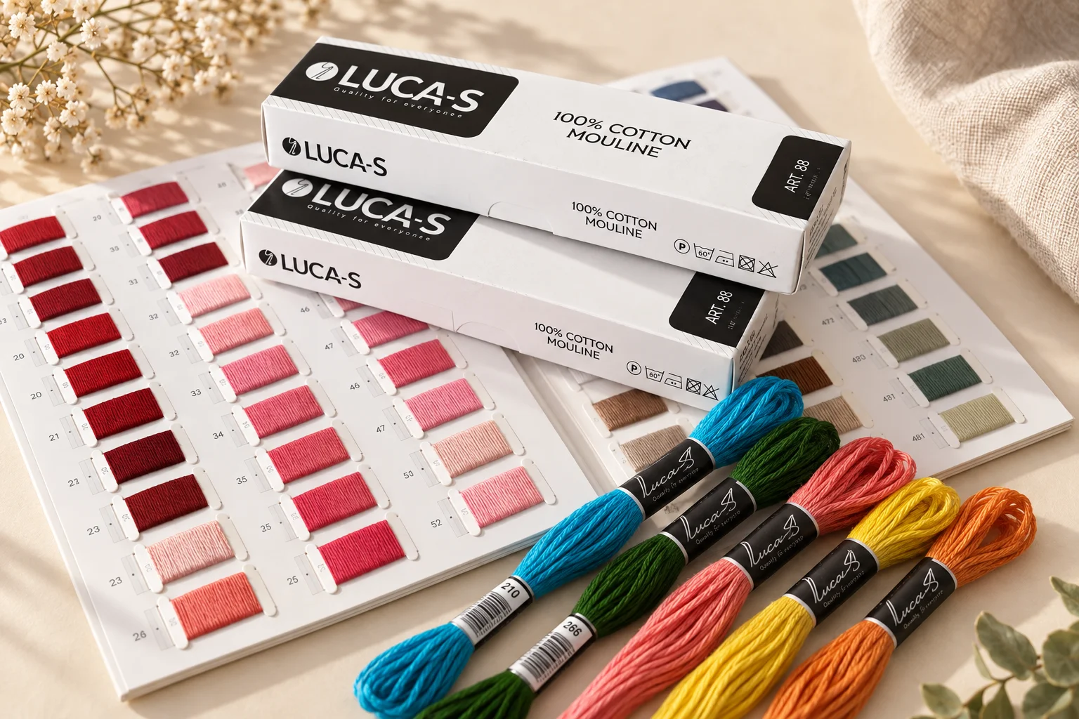 Cutii de fir mouliné Luca-S, mătăsuri colorate și catalog de culori deschis