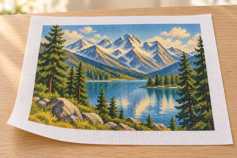 Peisaj alpestru pe pânză de broderie imprimată, cu margine albă liberă. Imagine ilustrativă.