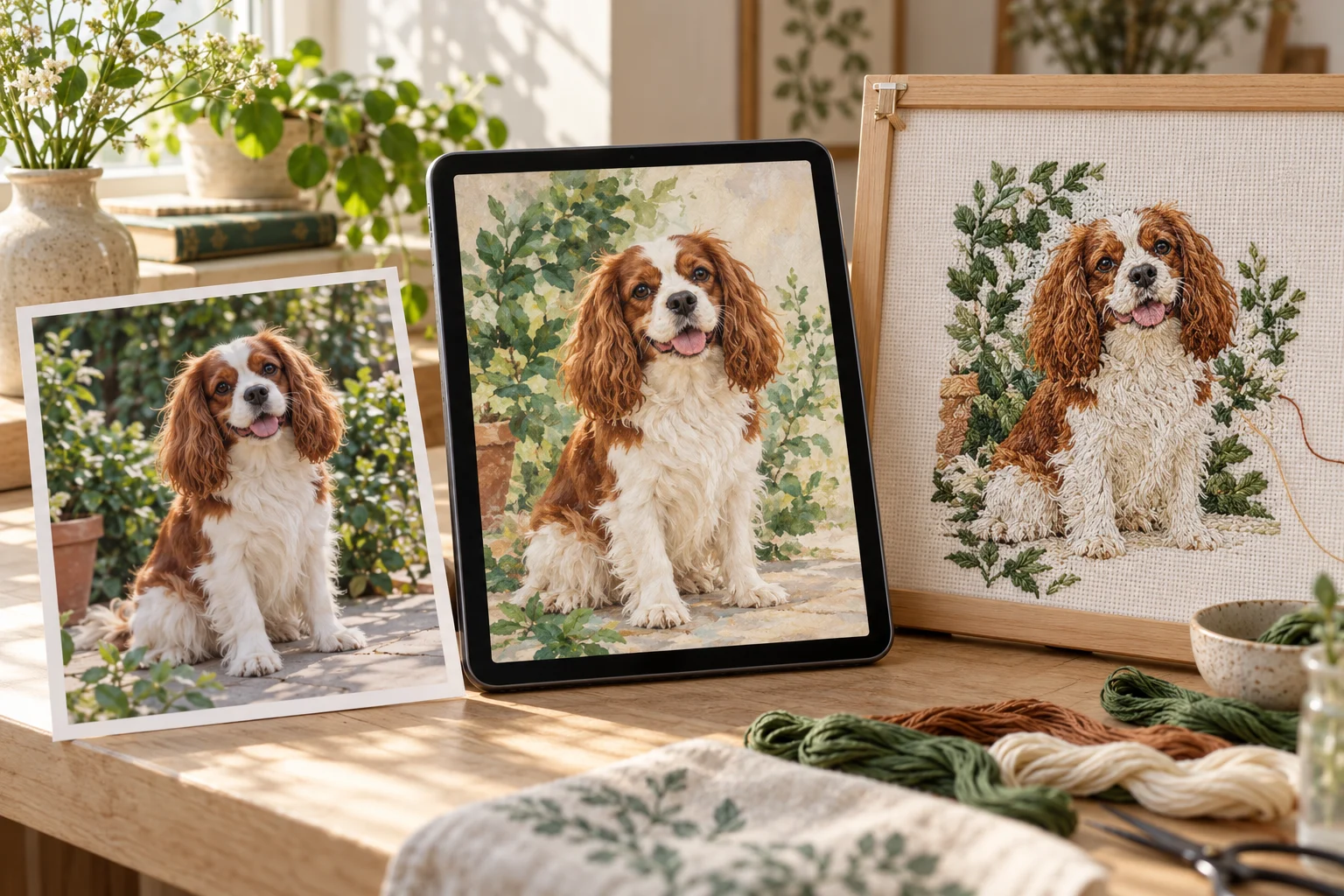 O fotografie cu un câine, o variantă picturală a imaginii și o reprezentare imaginată ca broderie. O scenă creativă ilustrativă.