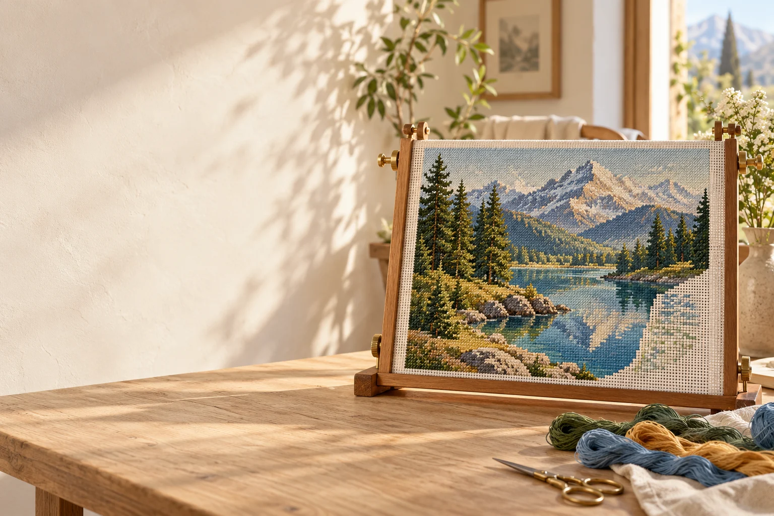 Gobelin reprezentând un peisaj alpestru pe un cadru pătrat, cu fire, în atelier însorit. Ilustrație de atmosferă.