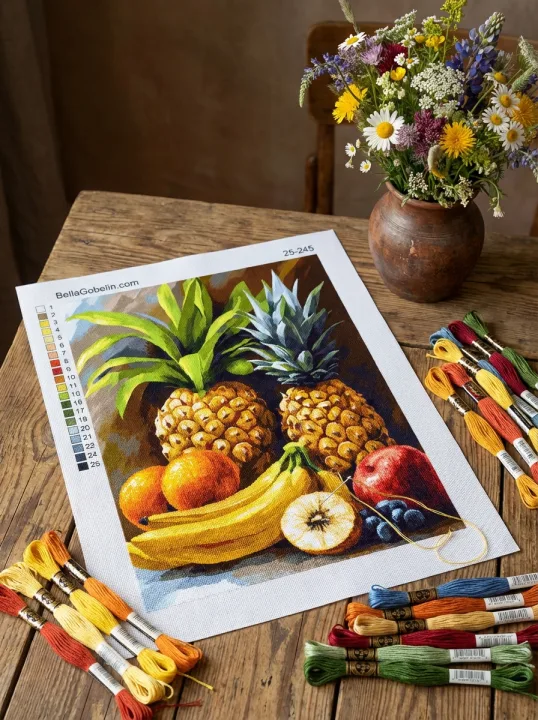 Natură moartă cu fructe exotice în bucătărie