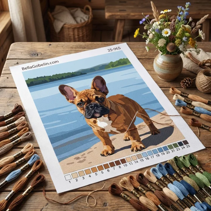 Portret canin - Parisian Bulldogian micuț lângă lac – 25-965