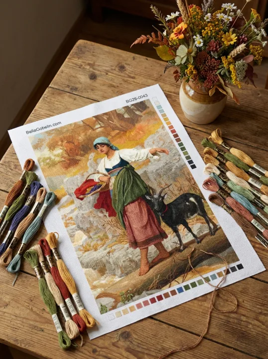 Fată cu o capră lângă râu, încrustată cu gobelin în tehnica needlepoint