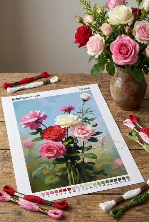 Atmosferă romantică cu motive florale pe gobelin needlepoint