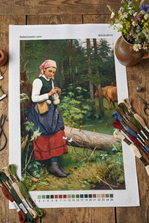 Johan Krouthén - Reproducere a unei fetițe în pajiște de pădure din broderie needlepoint