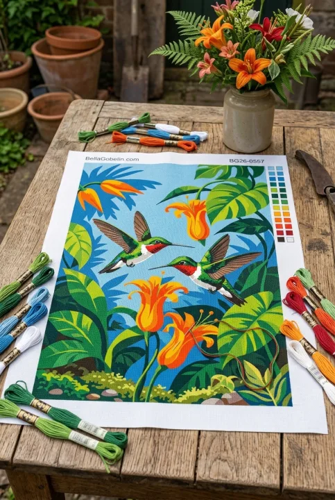 Colibri printre flori tropicale