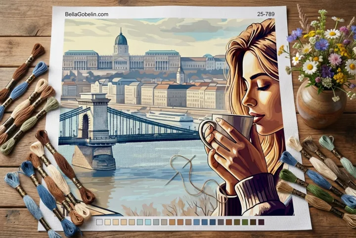 Portret de cafea la Podul cu Lanțuri pe gobelin needlepoint