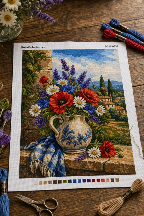 Buchet de flori mediteraneene cu maci