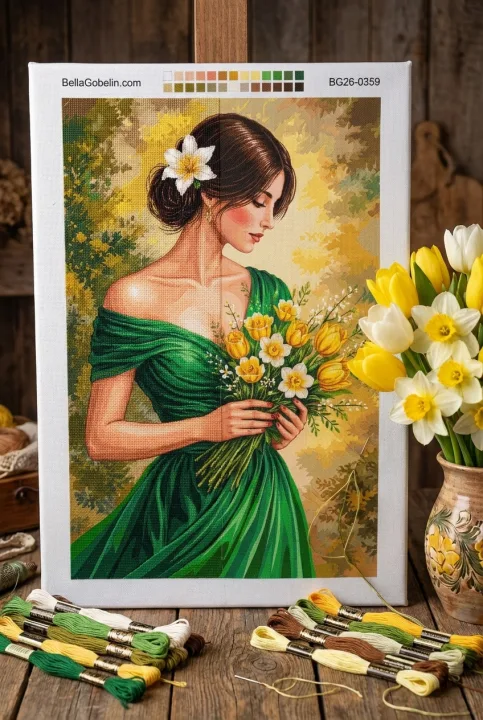 Doamnă în rochie verde cu buchet de flori galbene