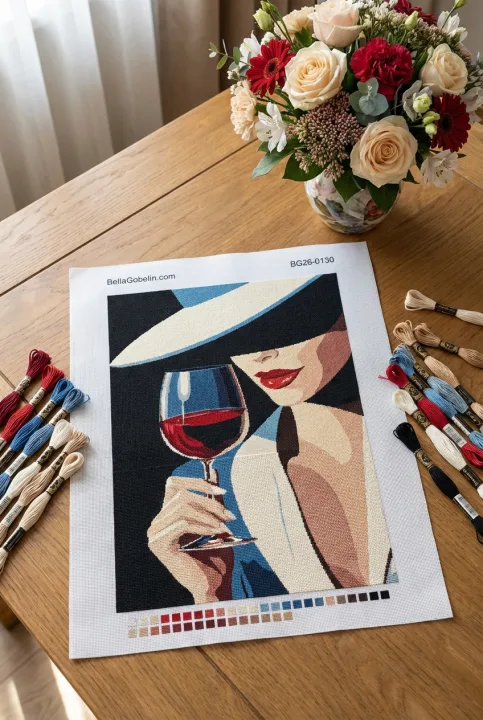Femeie cu pahar de vin în broderie de gobelin