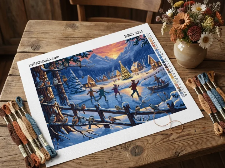 Iarnă de patinaj cu păsări pe gobelin cross-stitch