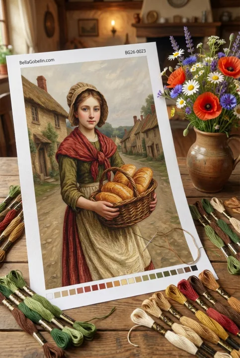 Fată cu pâine în peisaj rural