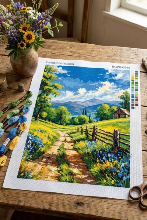 Peisaj rural cu drum înflorit