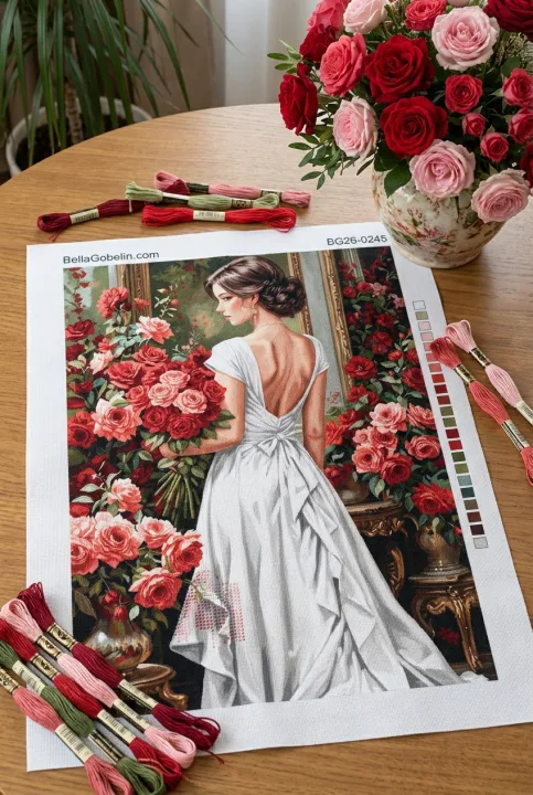 Femeie în rochie albă cu trandafiri – BG26-0245