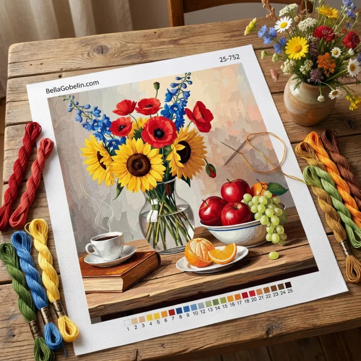 Natură moartă cu cafea pe o pânză pentru gobelin de tip needlepoint