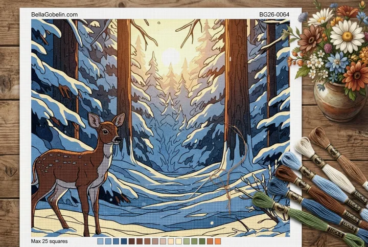 Pădure de iarnă cu căprioară pe gobelin