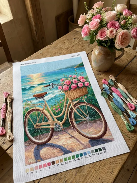 Bicicletă cu flori pe malul mării - gobelin înfășurat cu fir colorat