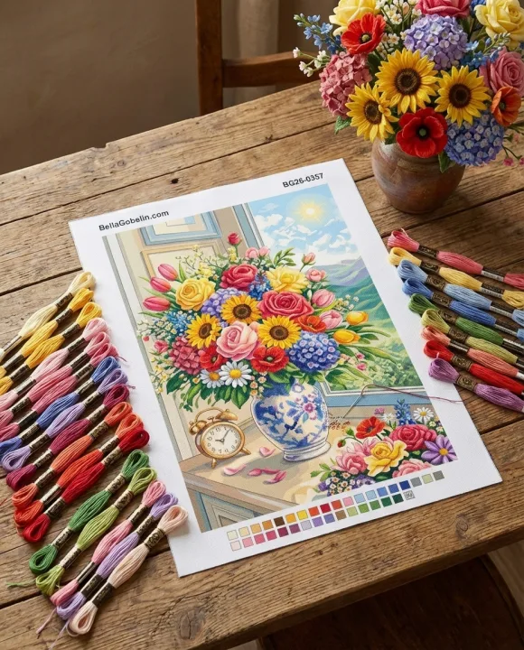 Natură statică cu buchet de flori colorate