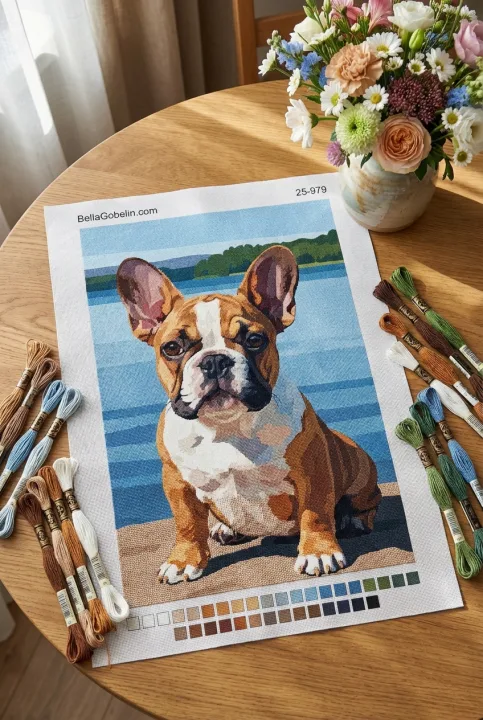 Portret canin - Parisian Bulldogian micuț lângă lac – 25-979