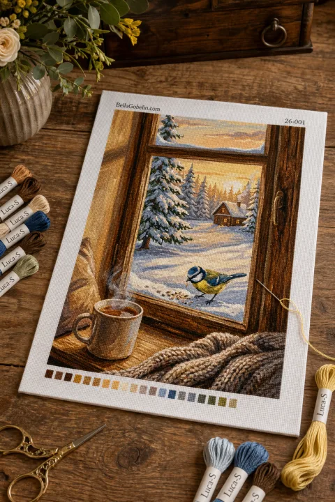 Îngrijire, tablou cu scenă de iarnă în broderie tapestry
