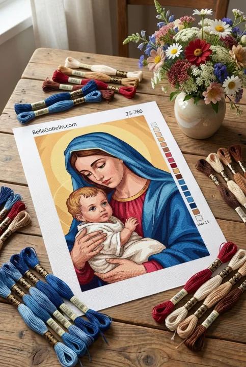 Maria și Pruncul Isus în gobelin covor interşaj