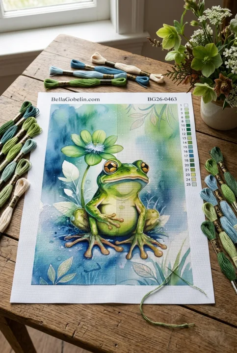 Broderie cu broaște în acuarelă