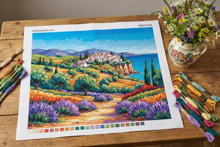 Peisaj mediteranean cu câmp de lavandă