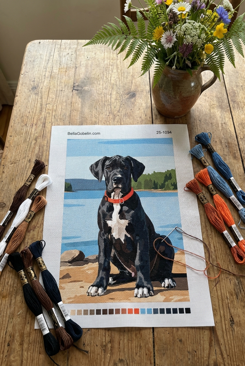 Portret canin - Pui negru de câine, model de șablon pentru gobelin sau cross-stitch