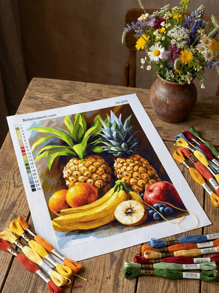 Natură moartă cu fructe exotice în bucătărie