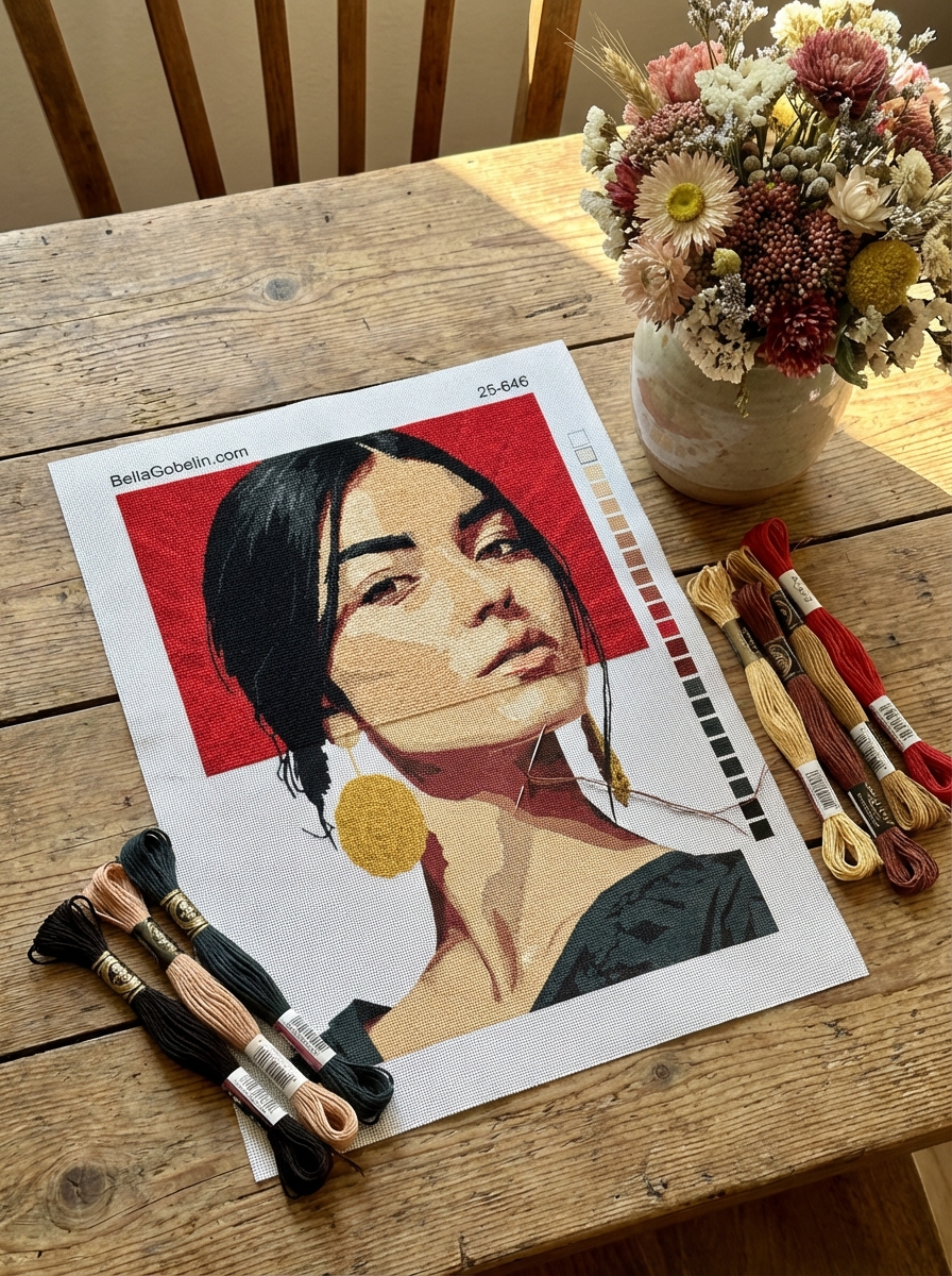 Portret al unei fete mexicane în gobelin Cross-stitch