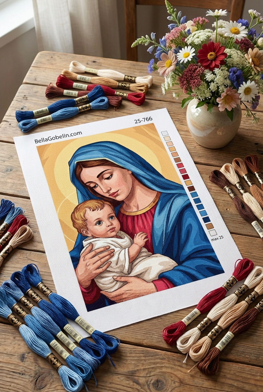 Maria și Pruncul Isus în gobelin covor interşaj