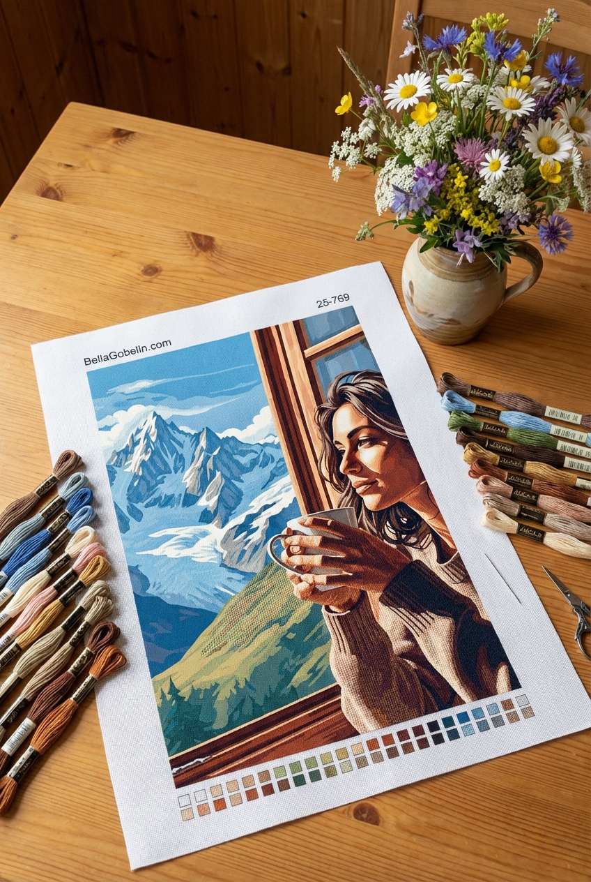 Portret cu cafea la Mont Blanc pe gobelin de broderie