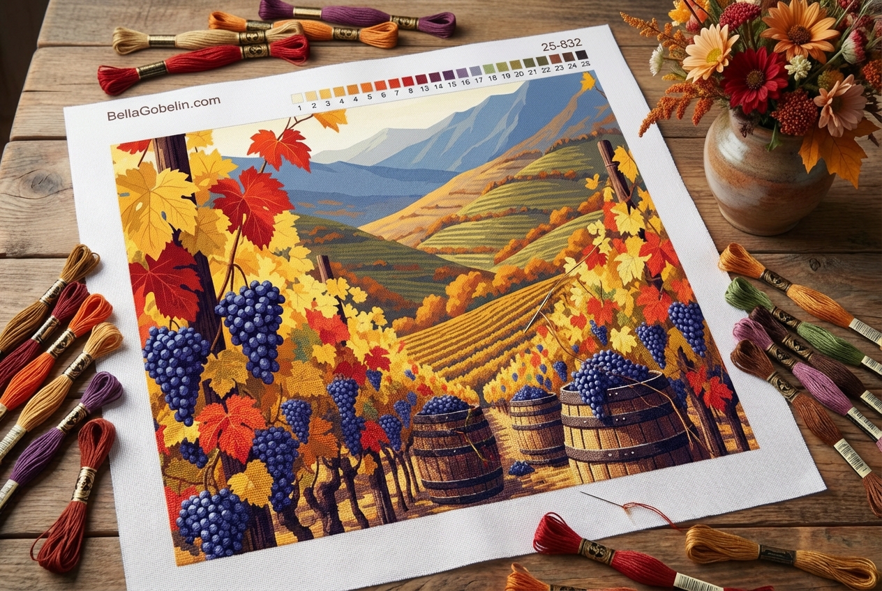 Recoltă de struguri albaștri pe gobelin în tehnică de broderie