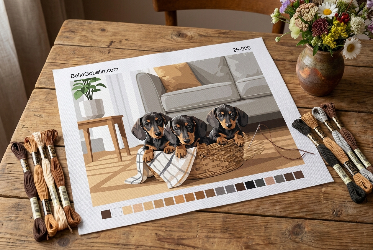 Pui de căței de dachshund în coș cu gobelin embroidery