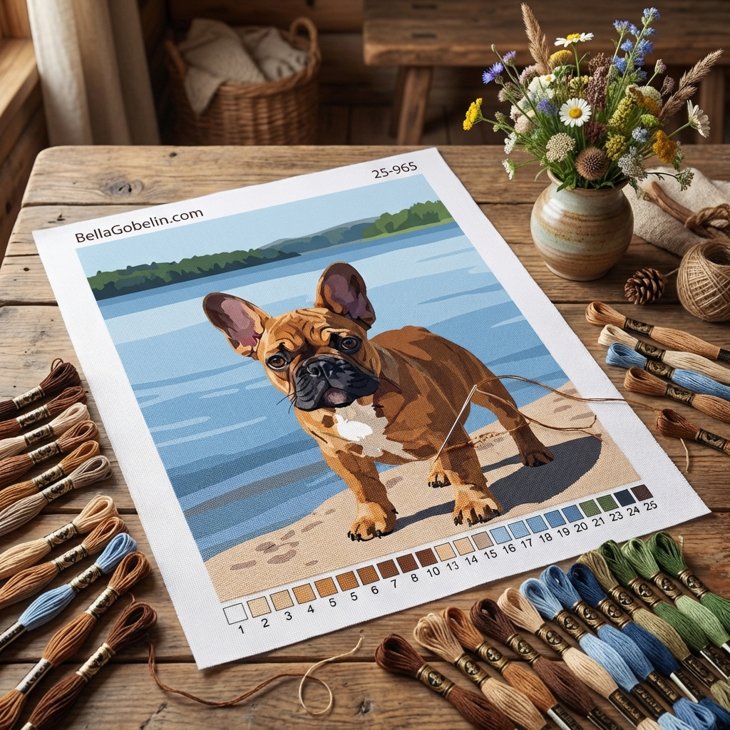 Portret canin - Parisian Bulldogian micuț lângă lac – 25-965
