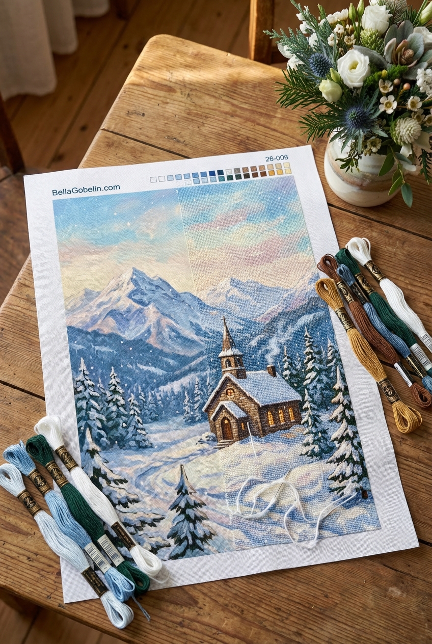 Scenă de iarnă lângă biserica veche, reprezentată în gobelin cross-stitch