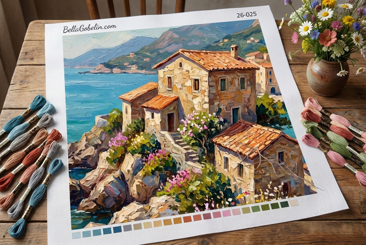Peisaj artistic al unui oraș mic italian, broderie de gobelin