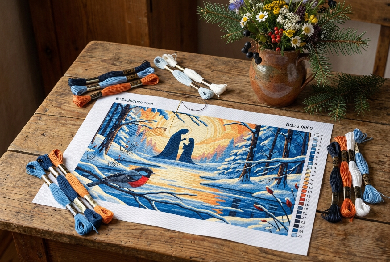 Peisaj de iarnă cu pasăre pe gobelin cross-stitch