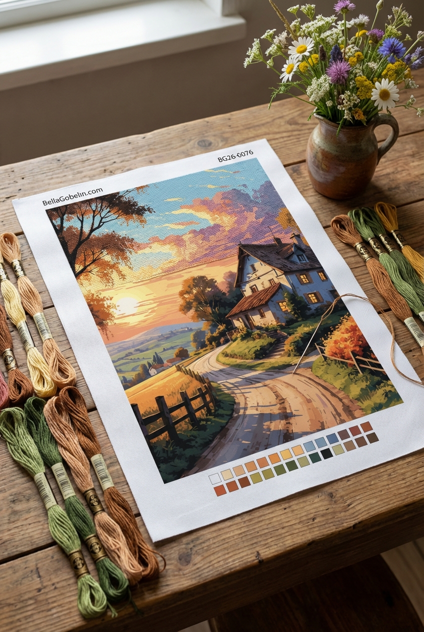 Peisaj rural la apusul soarelui