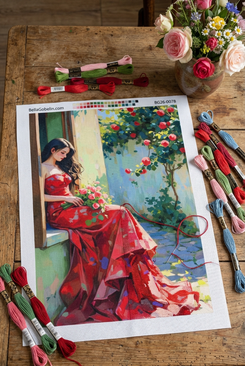 Femeie cu flori la fereastră în gobelin-tapestry