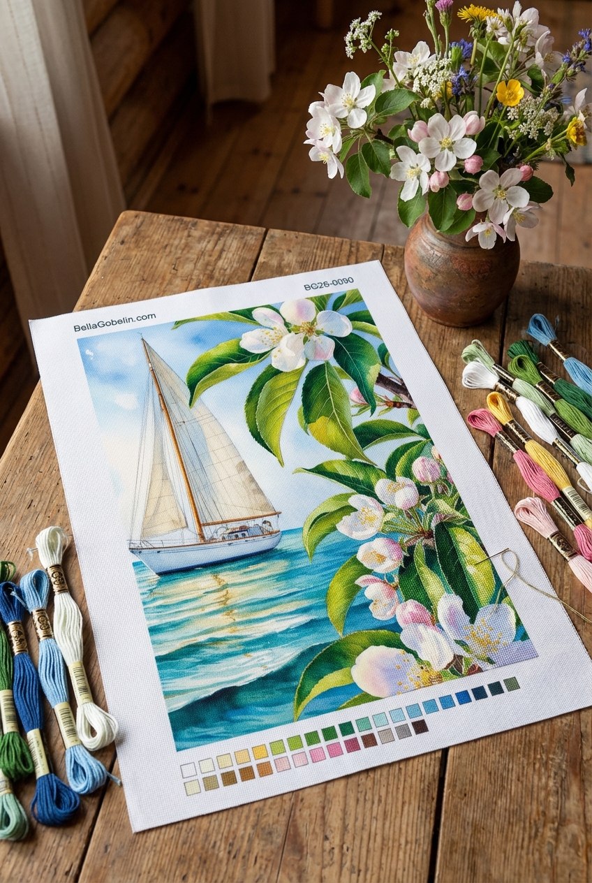 Peisaj cu barcă cu pânze și peisaj de coastă cu motive florale în gobelină și siguranță.