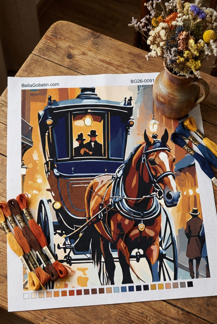 Peisaj urban din Paris cu cal pe gobelin de broderie
