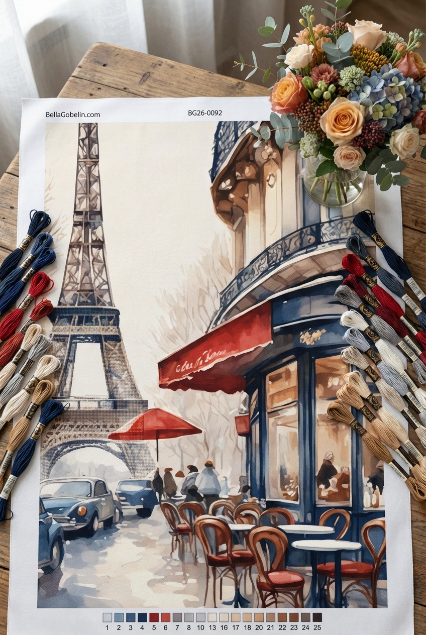Cafenea pariziană cu Turnul Eiffel brodat