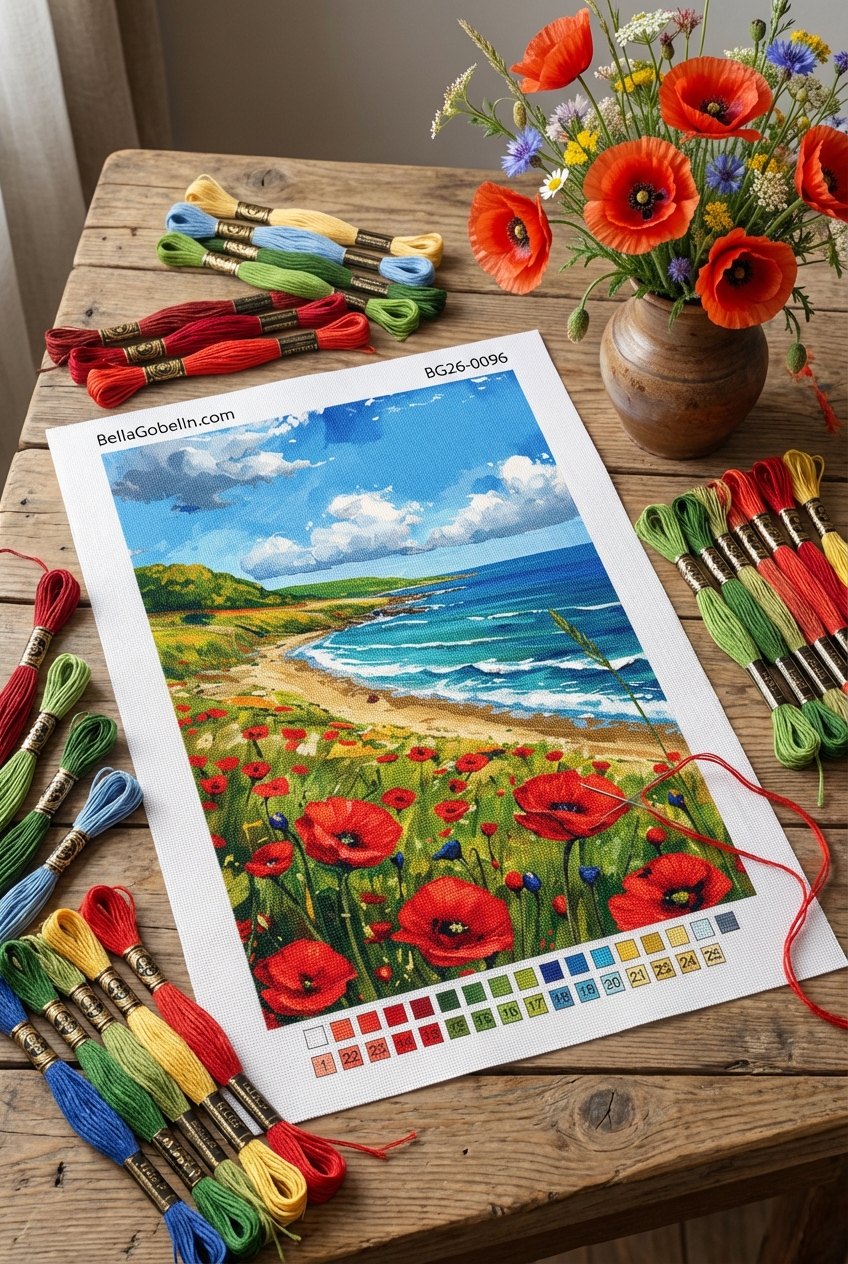 Peisaj cu mare și maci pe tapis de gobelin