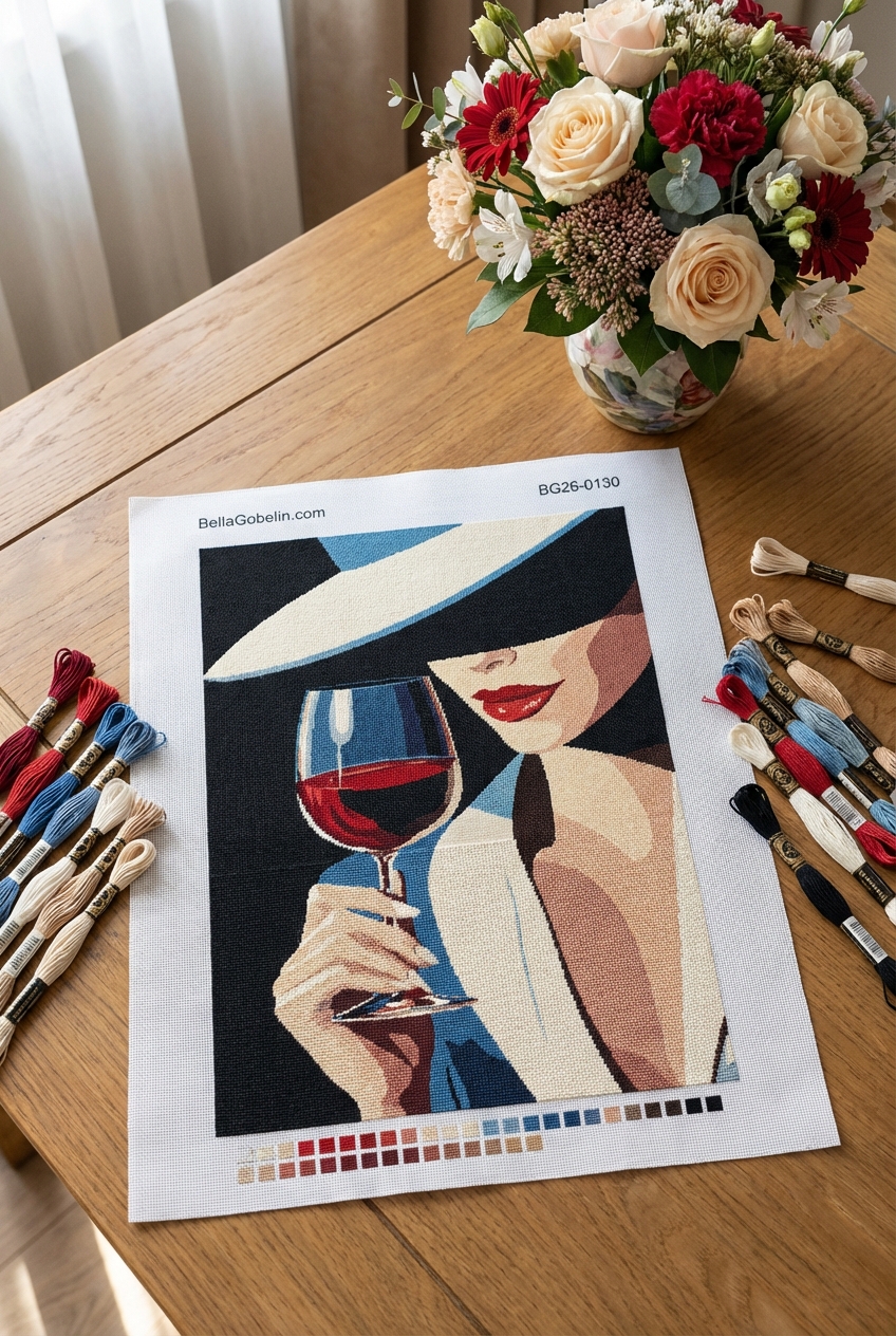 Femeie cu pahar de vin în broderie de gobelin