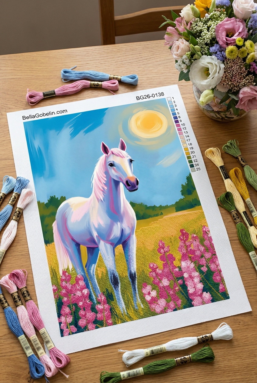 Cal galop cu flori pe câmp
