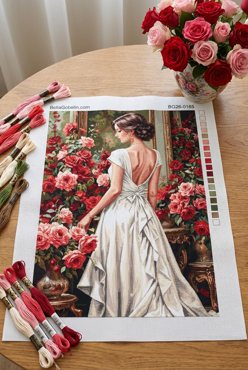 Femeie în rochie albă cu trandafiri – BG26-0185