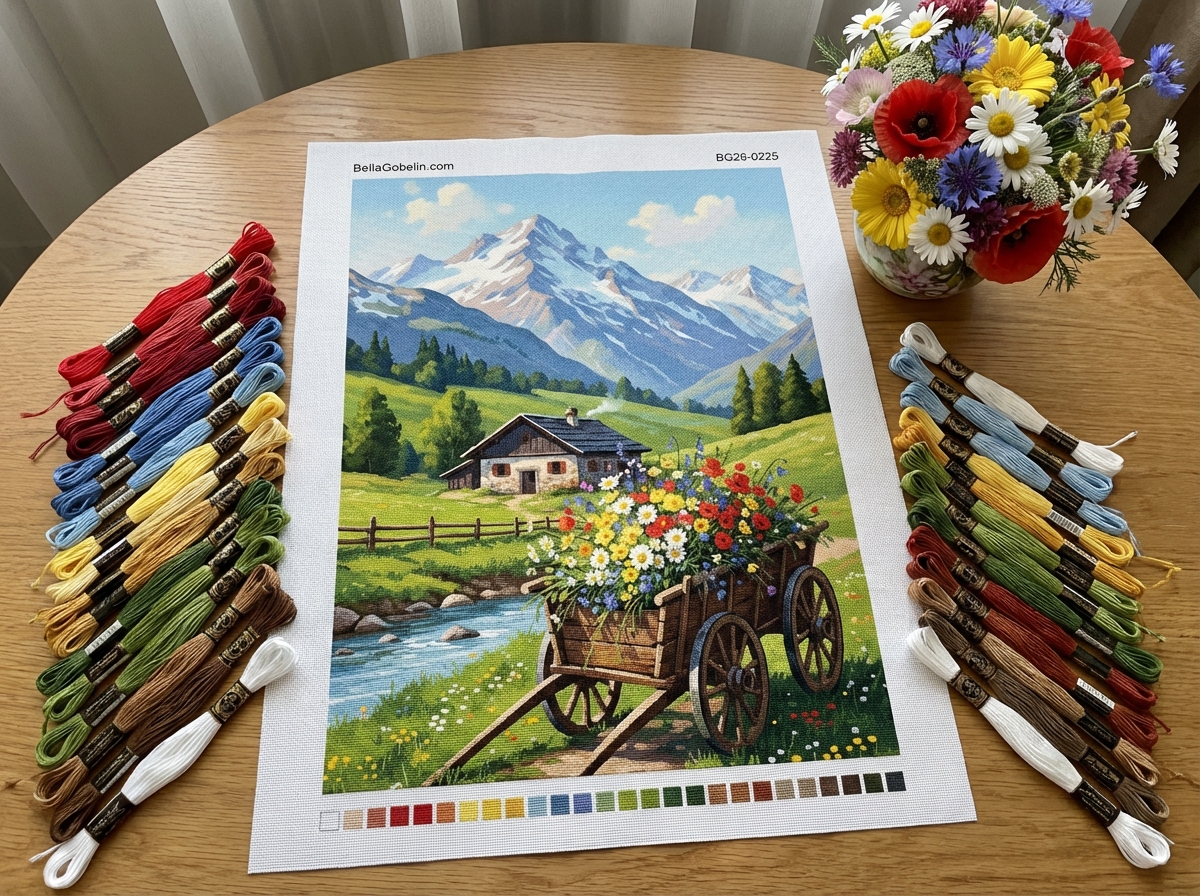 Peisaj alpin cu căruță cu flori – BG26-0225
