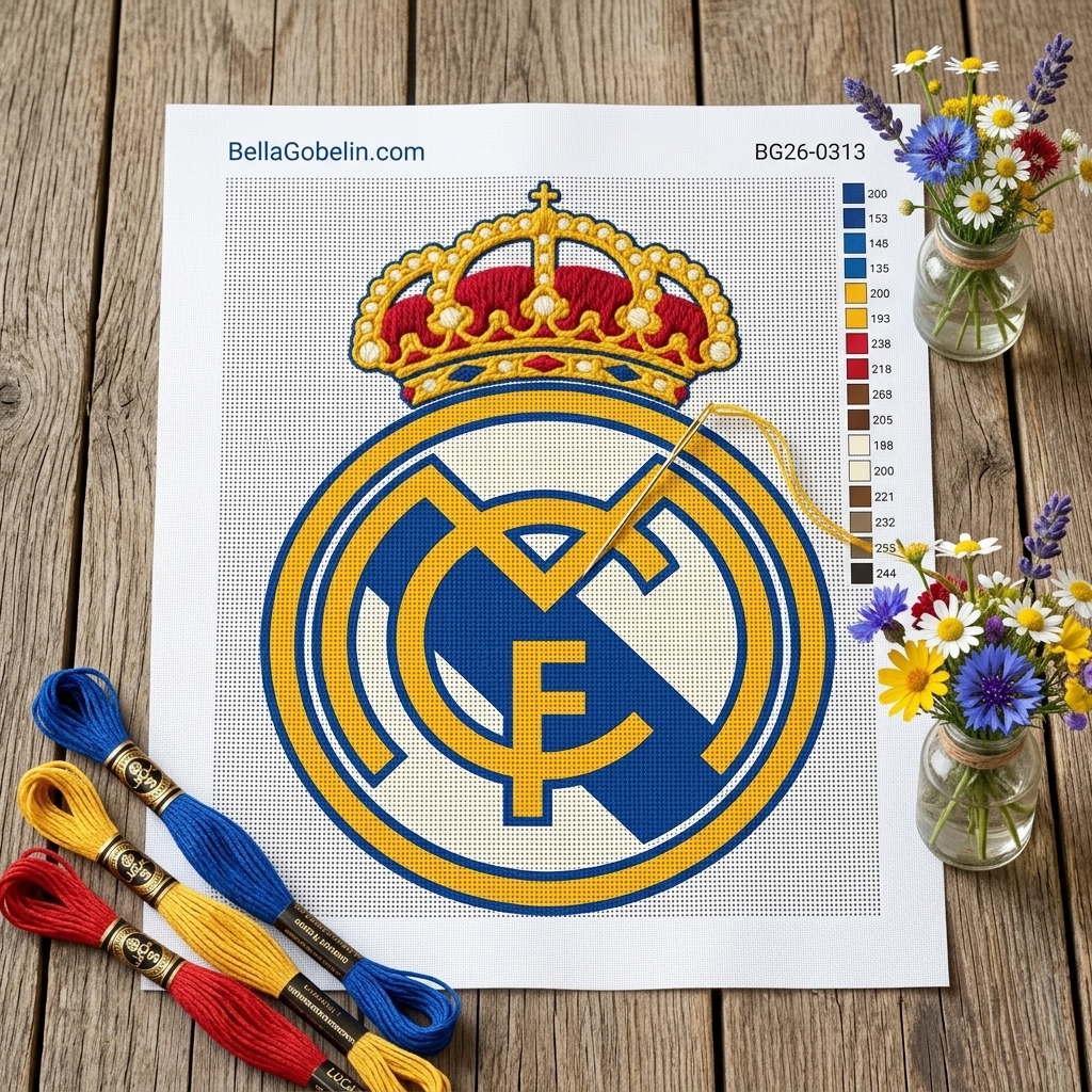 Emblema Real Madrid pe fundal albastru