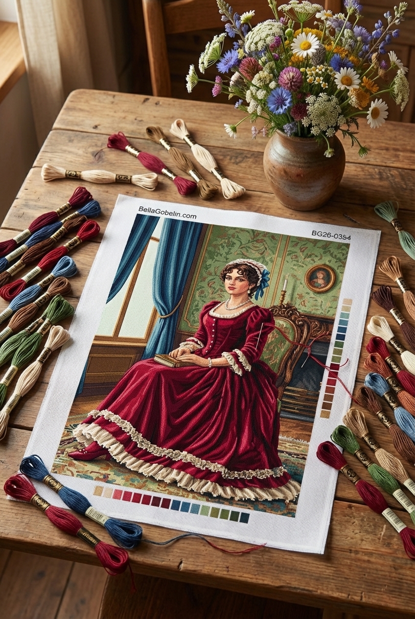 Doamnă în rochie bordo